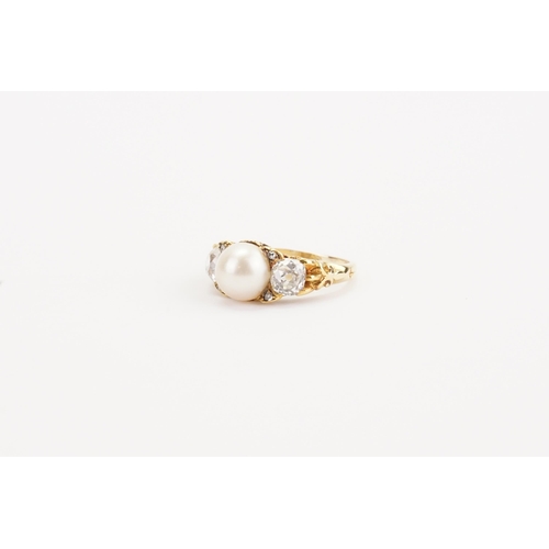 133 - A circa 1880 18ct pearl and diamond set ring. Set with a centre pearl measuring 8.2mm x 8.3mm. Set w... 