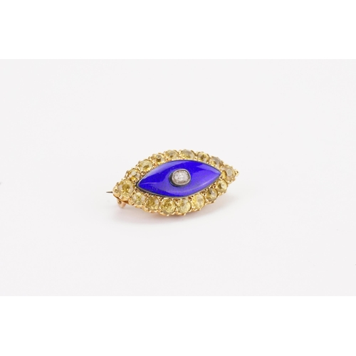 126 - A 9ct gold brooch, set with yellow topaz, and centre diamond. Decorated with blue enamel. Diamond ap... 