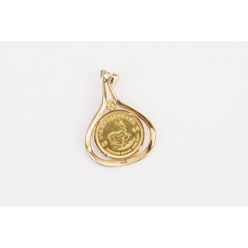 153 - A South African Krugerrand 1984 1/10oz. Mounted as a 9ct gold pendant set with a 0.15ct diamond. Wei... 