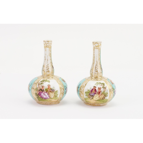 187 - A miniature pair of 19th century Augustus Rex Meissen design stem vases. Height 7.5cm.