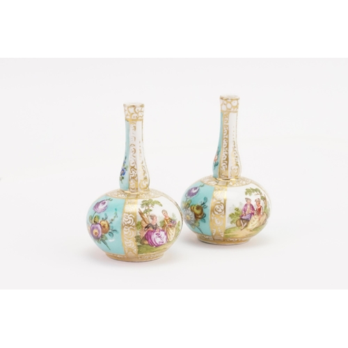 187 - A miniature pair of 19th century Augustus Rex Meissen design stem vases. Height 7.5cm.