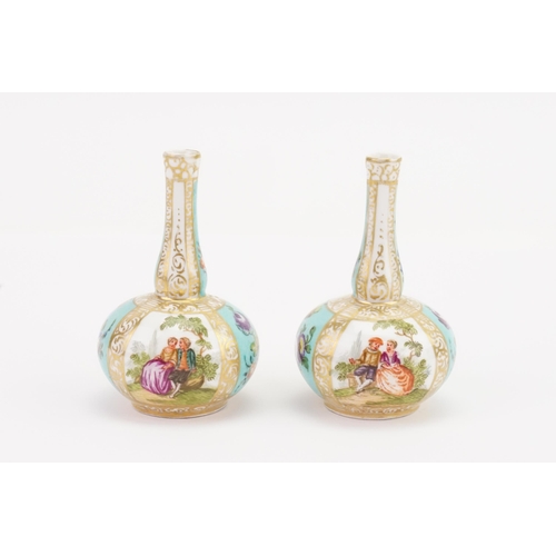 187 - A miniature pair of 19th century Augustus Rex Meissen design stem vases. Height 7.5cm.