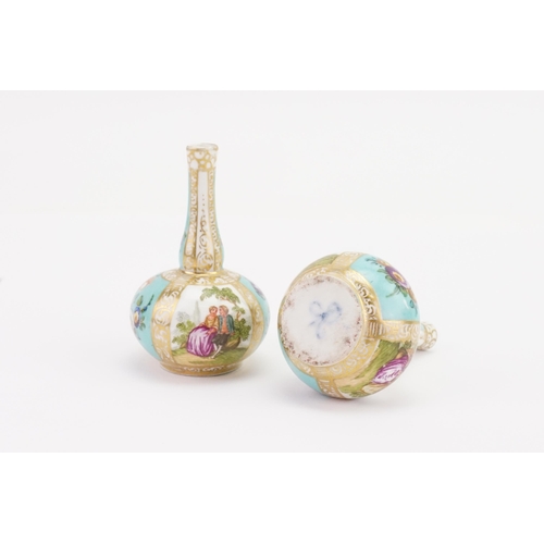 187 - A miniature pair of 19th century Augustus Rex Meissen design stem vases. Height 7.5cm.