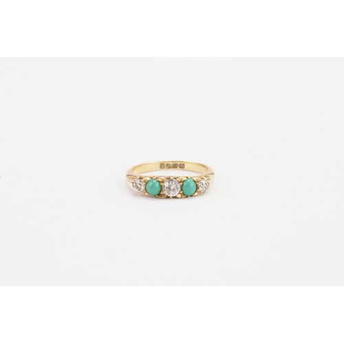 68 - A 18ct gold diamond and turquoise set ring, set with three old mine cut diamonds (largest 0.23ct). W... 