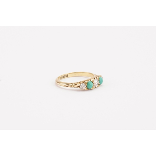 68 - A 18ct gold diamond and turquoise set ring, set with three old mine cut diamonds (largest 0.23ct). W... 