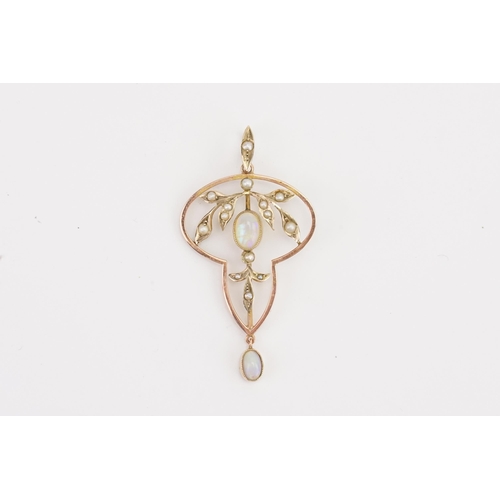 160 - A 9ct gold opal and pearl set pendant. Weight 3.1g.