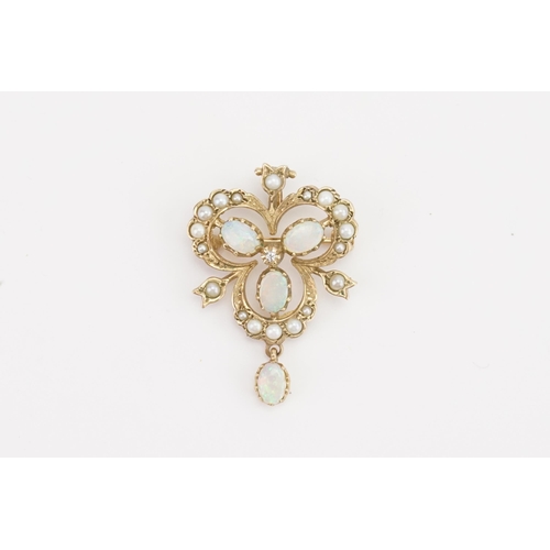 140 - A 9ct gold diamond and opal set brooch and pendant, in a clover design. Weight 5g.