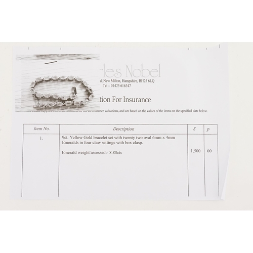 77 - A 9ct gold emerald tennis bracelet, set with twenty two oval cut 6mm x 4mm emeralds. Length 19.5cm. ... 