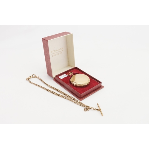 170 - A 9ct gold Albert chain and T bar. Weight 28.7g. Accompanied by a gold plated pocket watch by Waltha... 