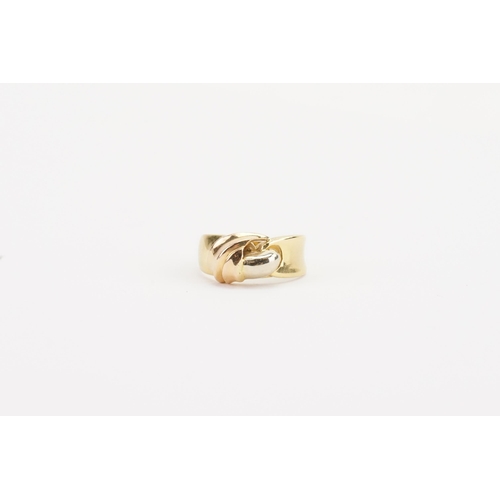 104 - A 800 marked Portuguese yellow and white gold ring, in the crossover formation. Weight 5g. Size R. H... 