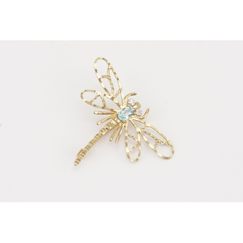 108 - A 9ct gold diamond and aquamarine set dragonfly brooch. Weight 3.3g. Size 43.3mm x 32mm.