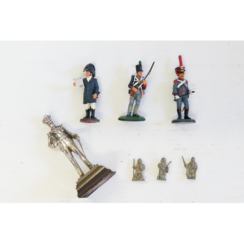 333 - 3 x Delprado Metal Figures, a Silver Figure on stand & three small white metal figures.