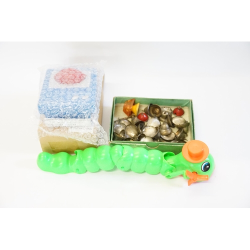 458 - A Chinese Plastic Blue Radio with a Brown Box, a Green Plastic Snake Toy & a Box of Metal Shells & B... 