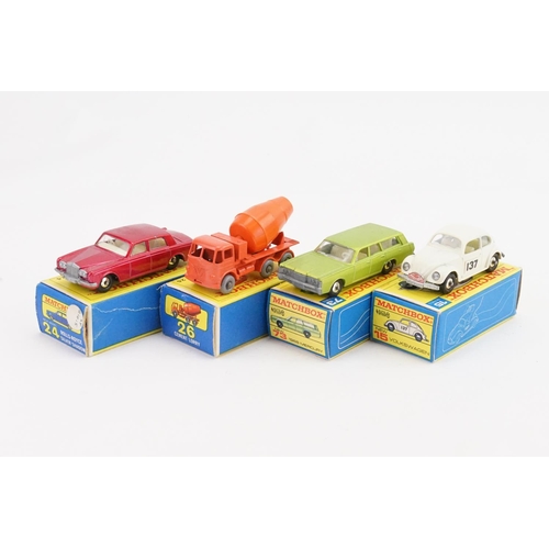 336 - Four Matchbox models to include 15 - V.W. Beetle, 24 - Rolls Royce, 26 - Concrete Mixer (GPW) & 73 -... 