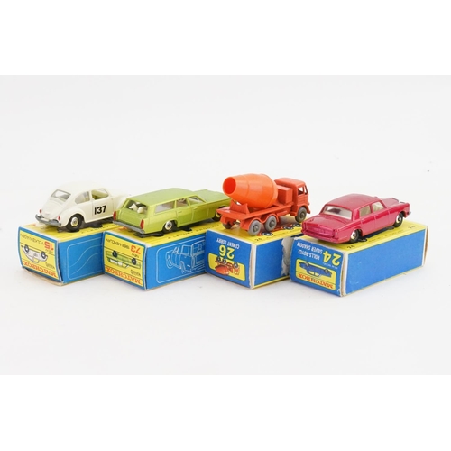 336 - Four Matchbox models to include 15 - V.W. Beetle, 24 - Rolls Royce, 26 - Concrete Mixer (GPW) & 73 -... 