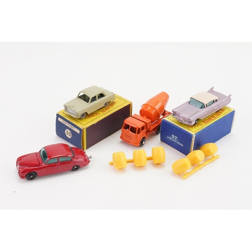 337 - Four Matchbox models to include a 27 - Cadillac Sedan (BPW), 30 - Ford Prefect (GPW), both boxed alo... 