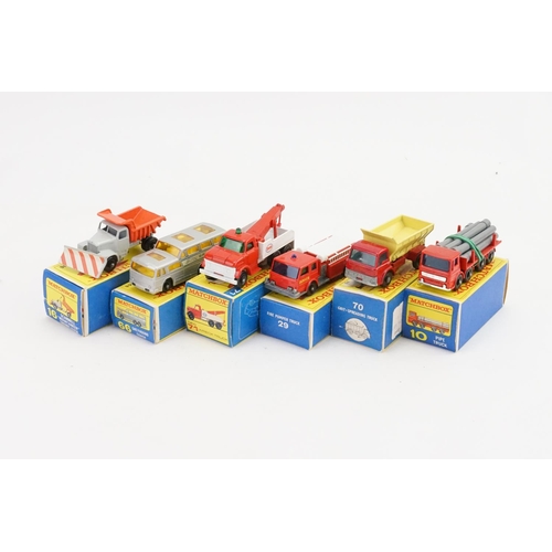 341 - Six Boxed Matchbox models to include 10 - Pipe Truck, 16 - Scammell Snow Plough, 29 - Fire Pump, 66 ... 