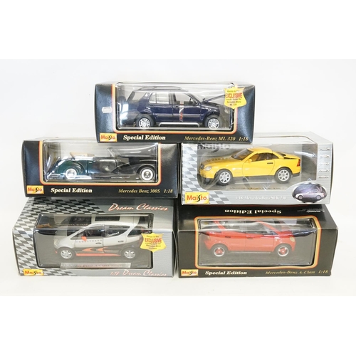 148 - 5 x 1/18th scale Maisto models to include Mercedes-Benz 300S, Mercedes-Benz A Class, Mercedes-Benz M... 