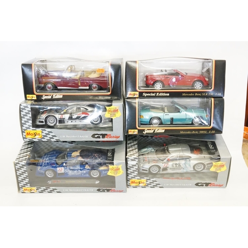 149 - 6 x Maisto 1/18th scale to include 2 x Mercedes-Benz CLK-GTR in Silver, Mercedes-Benz CLK-GTR in Blu... 