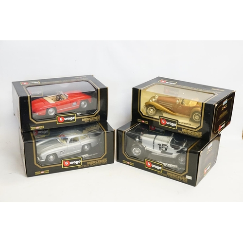 150 - 4 x Burago 1/18th scale models to include Mercedes-Benz SSKL, a Mercedes-Benz 300SL (1954), a Merced... 