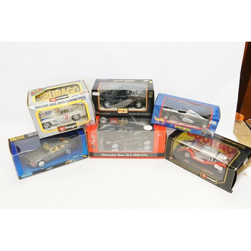 155 - 6 x Boxed 1/24th Scale Mercedes-Benz model cars to include Burago, Hot Wheels, Maisto, etc including... 