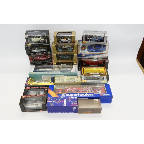 163 - A Box of Boxed Mercedes-Benz models to include Corgi, Maisto, Rio, Brumm, etc. (20+).