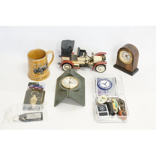 488 - A Collection of Mercedes-Benz collectables to include a modern Schuco Tin Plate Car, Two Clocks, a M... 