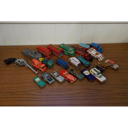 207 - A box of approximately 18 Play Worn Toys to include Corgi, Spot-On, Matchbox, Dinky, etc, all in Fai... 