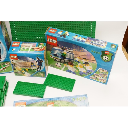 534B - LEGO Football Set 3401, 3405, 3409, 3302 along with X2 Large Green Plates. Original Box's & instruct... 