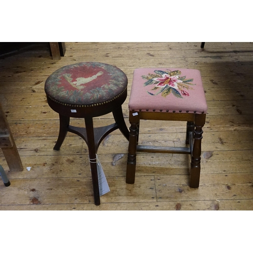 574 - A Continental Mahogany Framed Berlin Needlework Topped Stool & one other on Turned Legs.