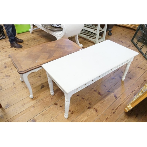 598 - A Cream painted Long John Coffee Table & one other with a Paquet Top.