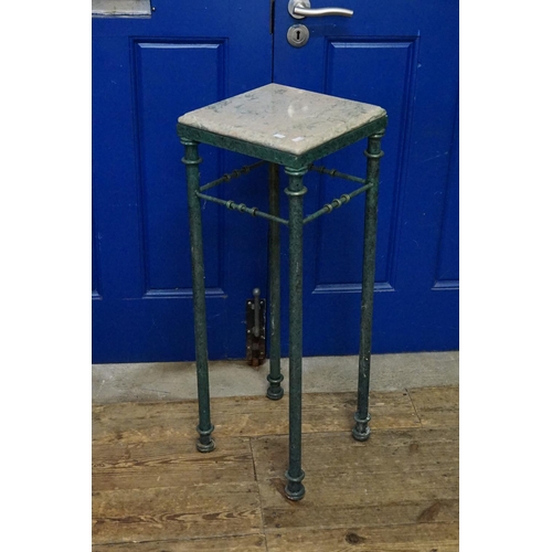 568 - A Patinated Metal Marble Topped Jardiniere Table. Measuring: 84cms high x 31cms Wide.