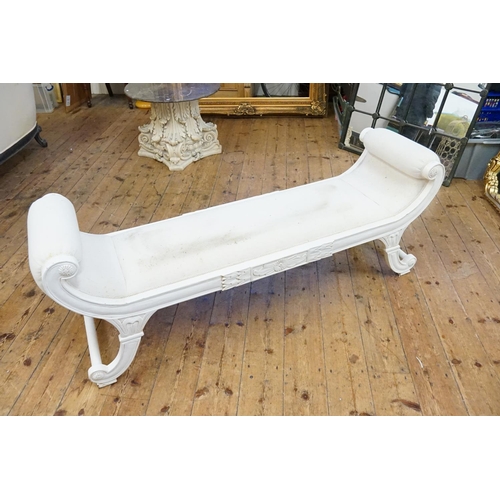 571 - A Large Regency design Roll-Over Armed Window Seat with carved Swan Necked Feet. Measuring: 163cms l... 