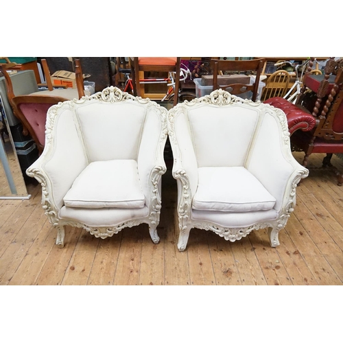 572 - A Pair of French Heavy Ornate Carved Fauteuil Armchairs upholstered in Draylon.