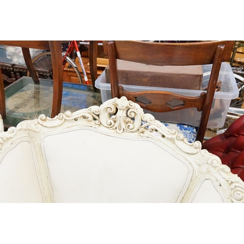 572 - A Pair of French Heavy Ornate Carved Fauteuil Armchairs upholstered in Draylon.