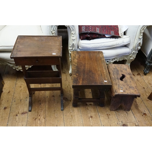 582 - A Country Made Milking Stool, a Bedside Table with fitted Drawer & a Hardwood South African Table.