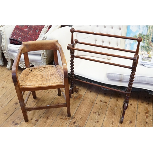 583 - A Victorian Mahogany Towel Airer resting on a Barley Twist Base along with an Old Colonial made Rush... 