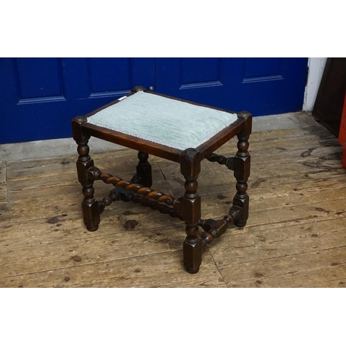 587 - A Jacobean design Oak Stool with Barley Twist supports & upholstered in Blue.