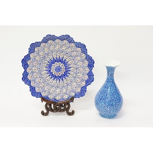 841 - An Islamic Finely Painted Blue enamelled petal shaped Dish on Wooden Stand along with a similar blue... 