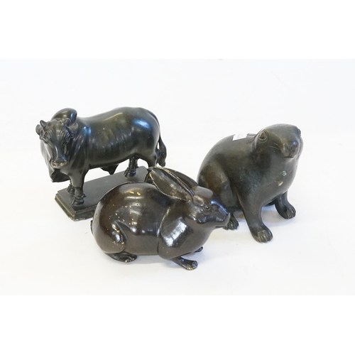 998 - A Patinated Rabbit, a Japanese Rabbit & an Indian Ox.