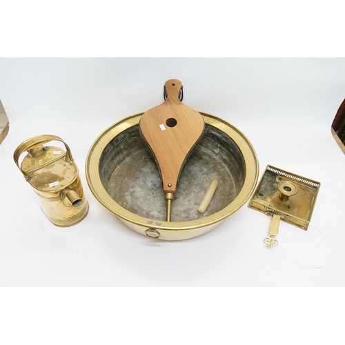 1001 - A Large Brass Basin, a Chamber Candlestick, a Hotel Hot Water Can & a Pair of Bellows.