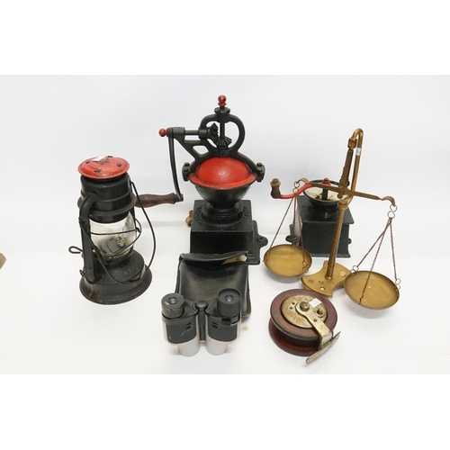 1003 - A Set of Scales, a Wooden Cased Fishing Reel, a Pair of Binoculars, two Coffee Grinders, one by Kend... 