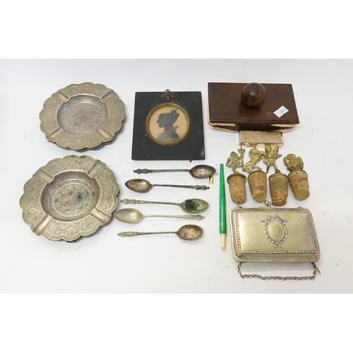 1010 - Four Indian Brass Ashtrays, Ladies Purse, Bottle Stoppers, Portrait of a Young Girl, etc.