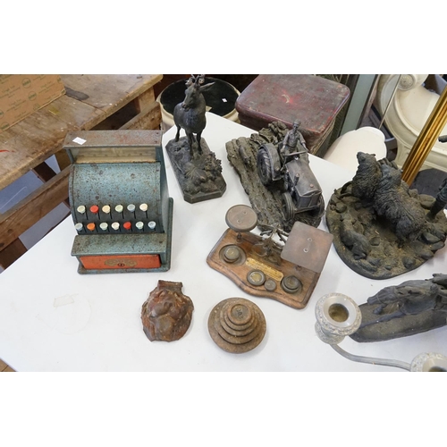 1013 - Four various Resin Figures, a Childs Till, Set of Postal Scales, etc.