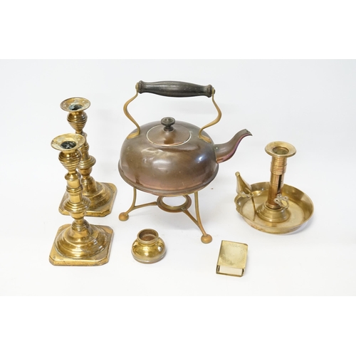 1017 - An Arts & Crafts Copper Kettle on Stand, Brass Candlesticks, Chamber Candlestick, etc.