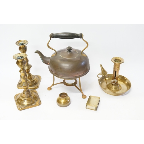 1017 - An Arts & Crafts Copper Kettle on Stand, Brass Candlesticks, Chamber Candlestick, etc.