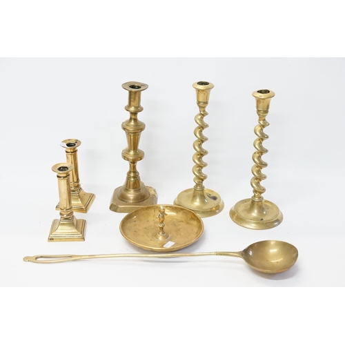 1018 - Brass Candlesticks, Nut Dish, Ladle, etc.