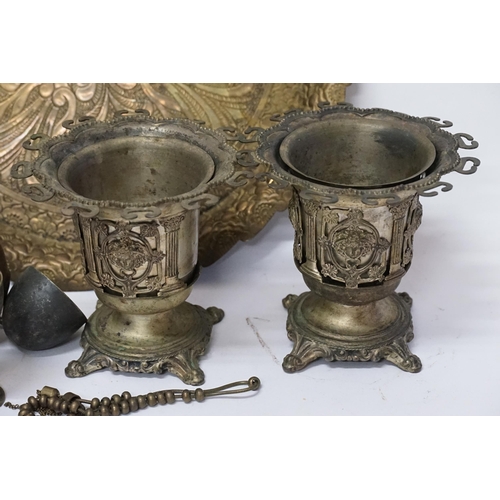 1019 - A Pair of Middle Eastern Silver Plated Olive Jars, a Brass Stand, Egg Cups, Tray, Paintings on Silk,... 