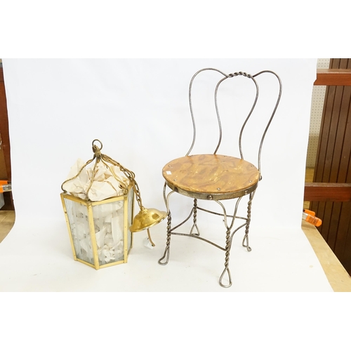 990 - A Georgian design Ceiling Light with frosted panelled glass along with a Child's Wirework Chair.