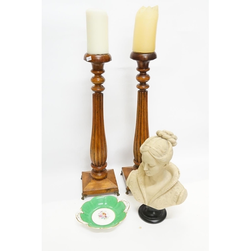 993 - A Pair of Turned Wood Candle Holders of Regency Design, a Resin Bust & an Apple Green Plate.